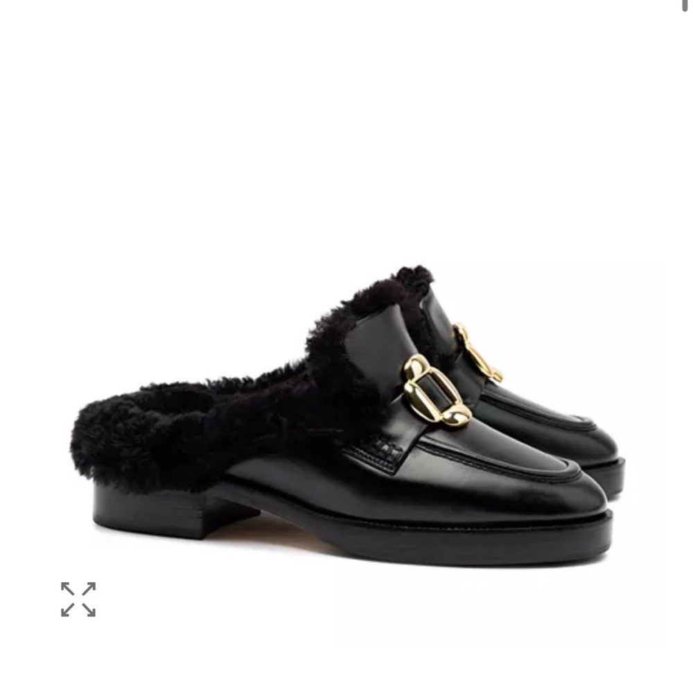 Larroude Black Bobbie Loafer - Fur-Lined Mules with Gold Buckle, 9